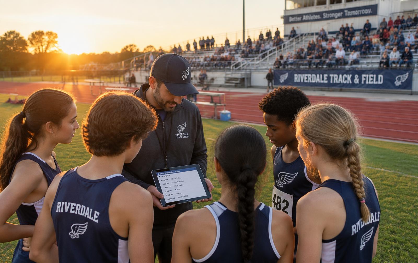 Track coach reviewing the meet schedule with athletes on the infield